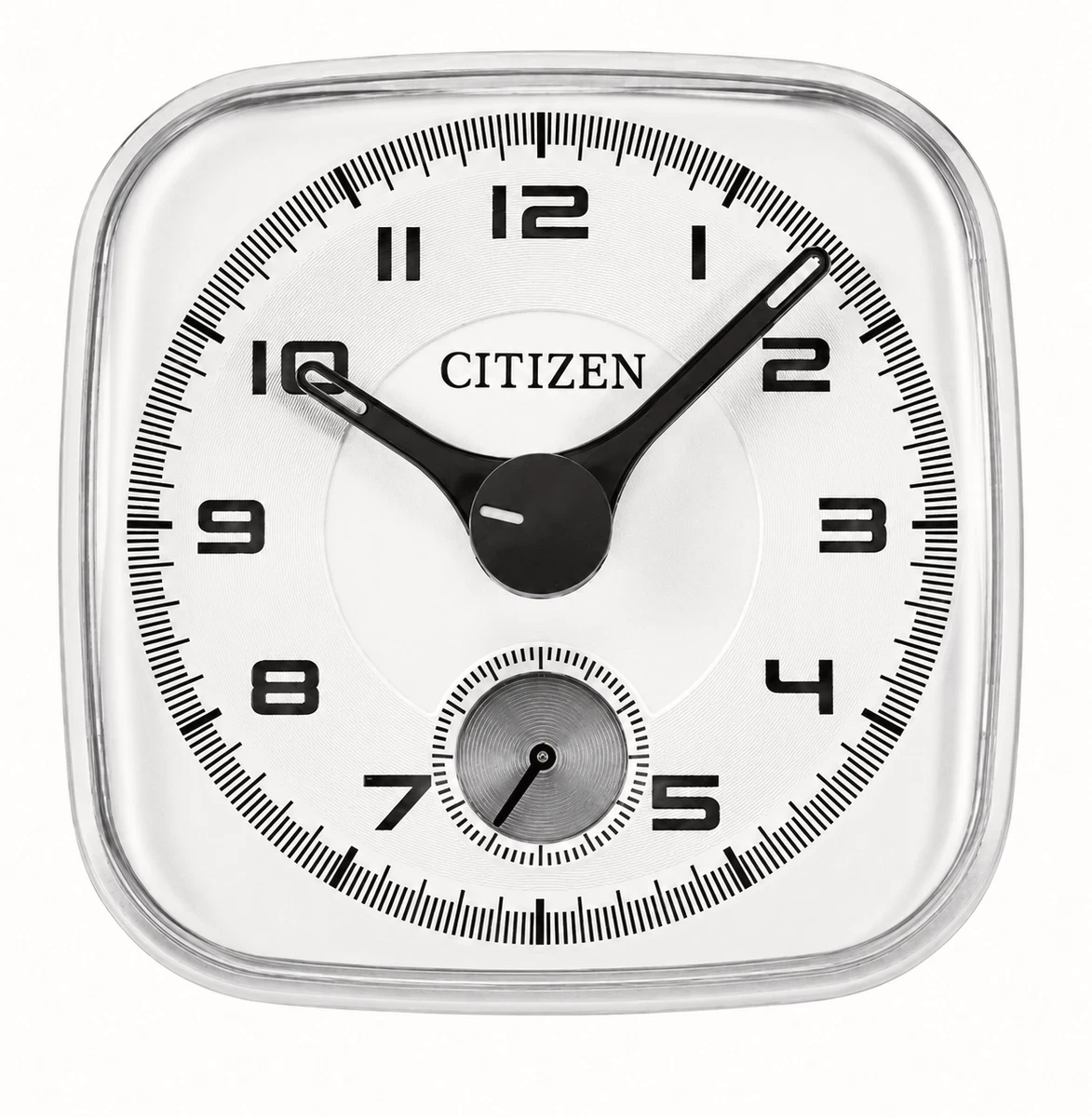 The CC2103 CITIZEN ALARM CLOCK SILVER by Citizen features a square silver design with an analog display reading 1:50, the CITIZEN brand name at the center, and a small seconds dial near the bottom. This elegant chrome-plated tabletop alarm clock blends timeless style with dependable functionality, making it a perfect addition to any space.