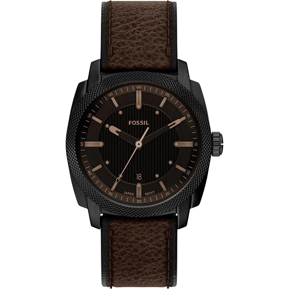 Introducing the Fossil Watch - Machine - FS6187: a classic timepiece with a textured brown leather strap, sleek black round case, and black dial accented by minimalist gold hour markers and hands. Drawing inspiration from the signature Machine watch design, this Fossil watch features a refined date window positioned at 6 o’clock.