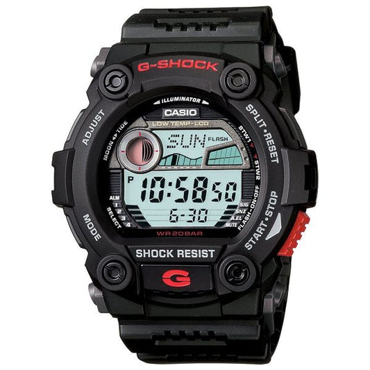 The Casio G-Shock Watch - Moon and Tide (G7900-1) by VLC Distribution Co. features a black round face, grey display with red accents, shows time 10:58:51, date 6-30, plus moon/tide indicators and multiple bezel buttons.