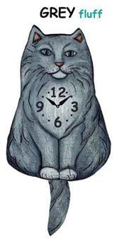 Illustration of Pink Cloud's Cat - Grey Fluff - Wagging Tail Clock: a fluffy gray cat with "GREY fluff" above it, clock face on its belly set to 12:00, and a wagging tail as the pendulum.