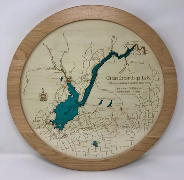The Lake Art Lake Gift - Great Sacandaga Lake Multi Depth Lazy Susan features a round wooden frame with lake area and depth details engraved on light wood, highlighted in blue—a perfect gift for fans of Fulton and Saratoga Counties, NY.