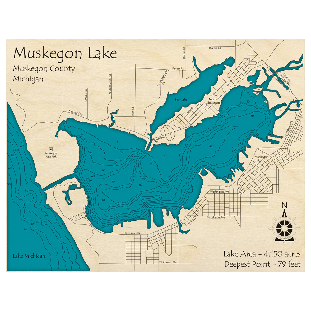 Lake Art’s 14" x 18" laser-carved wooden relief map of Muskegon Lake, Michigan, features the lake’s outline, depth contours (up to 79 ft), streets, its connection to Lake Michigan, and details its 4,150-acre area. With protective glass.