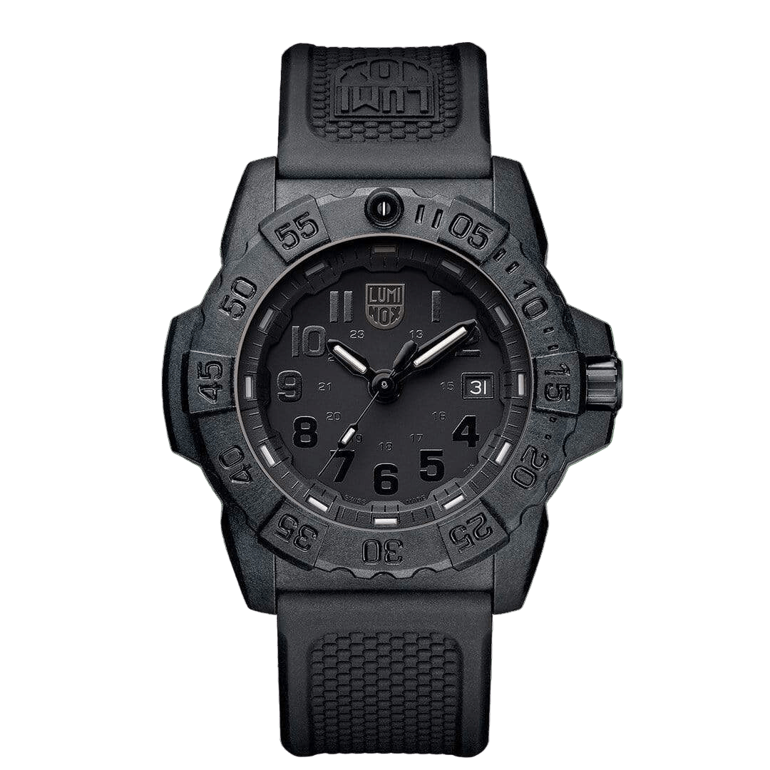 A black Luminox Navy SEAL Diver's Watch with a carbonoxyde case, mineral glass cover, and a silicone strap.