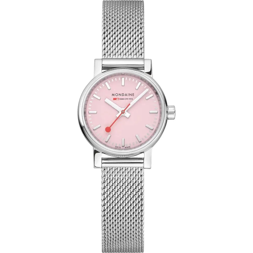 The Mondaine Watch - Evo2 - MSE.26130.SM features a pink dial, silver markers and hands, stainless steel mesh strap, small round case, sapphire crystal, and the Mondaine logo below 12 o’clock.