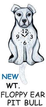 Illustration of a Pink Cloud Pit Bull - White - Wagging Tail Dog Clock with floppy ears. A clock face decorates the chest, and the tail wags down toward "NEW WT. FLOPPY EAR PIT BULL." Perfect gift for pet lovers!.