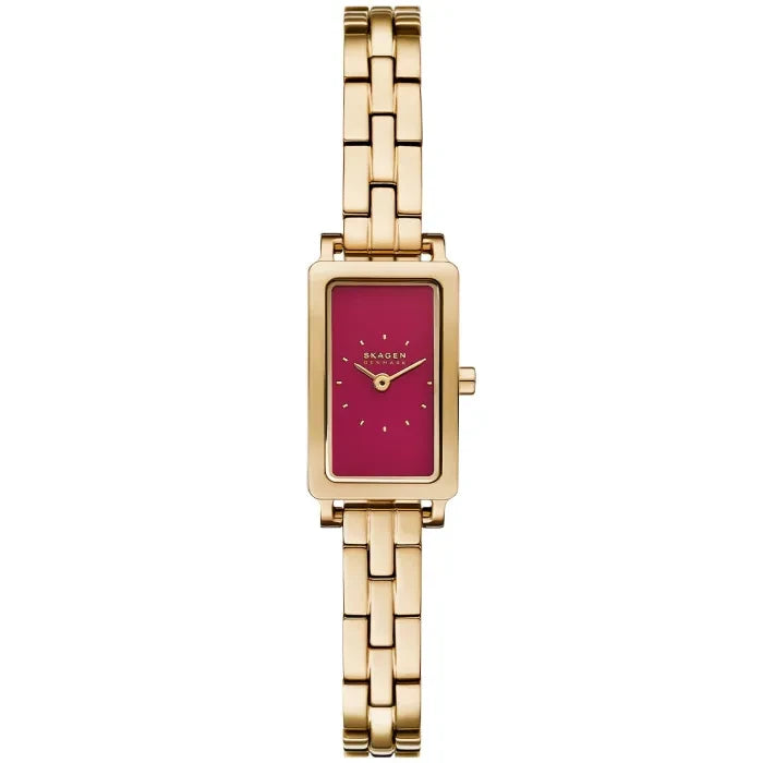 The Fossil Skagen Watch - Hagen Micro (SKW3151) features a gold-tone stainless steel rectangular case, metal link band, bright red dial with minimalist gold markers and hands, and the Skagen Denmark logo on the face.