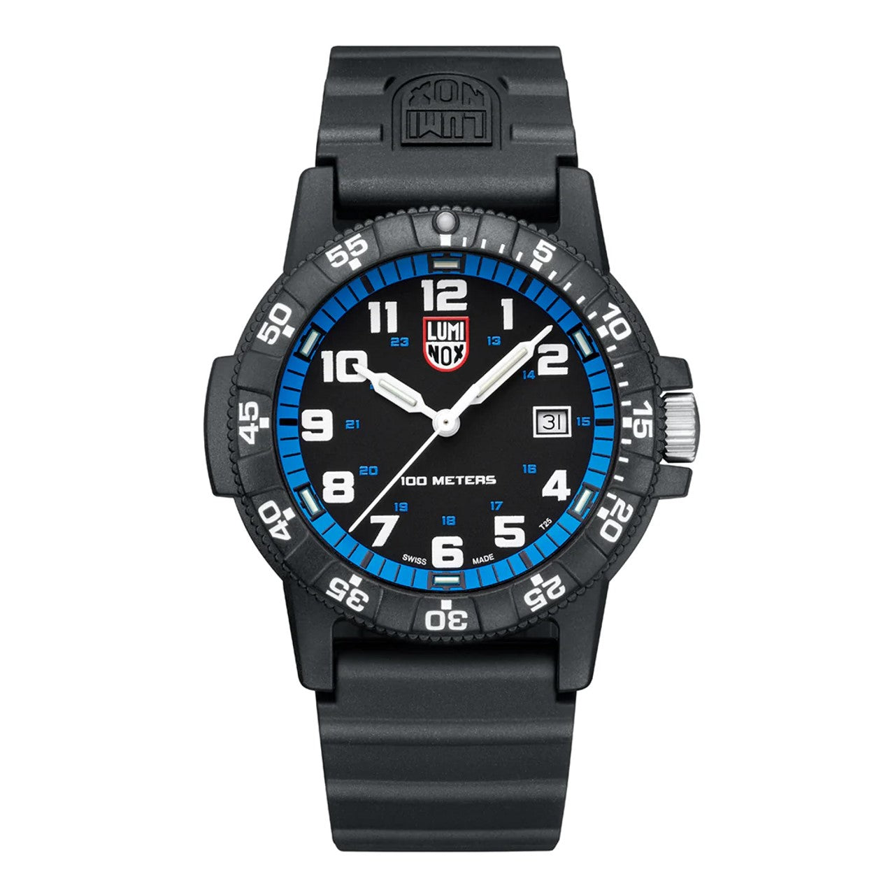 The Luminox Watch - Leatherback SEA Turtle Giant - XS.0324 features a black strap, blue and white bezel, white hour markers, date at 3 o’clock, 100 METERS above 6 o’clock, and a Swiss-made dial. Brand: Luminox.