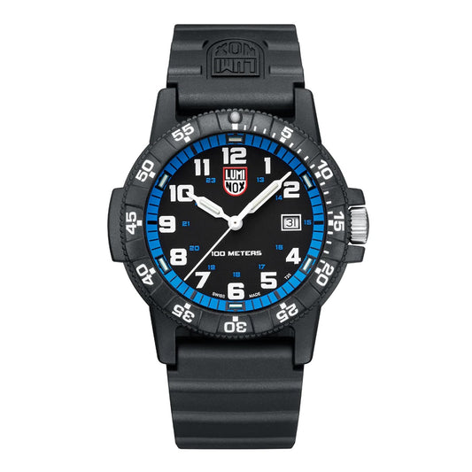 The Luminox Watch - Leatherback SEA Turtle Giant - XS.0324 features a black strap, blue and white bezel, white hour markers, date at 3 o’clock, 100 METERS above 6 o’clock, and a Swiss-made dial. Brand: Luminox.