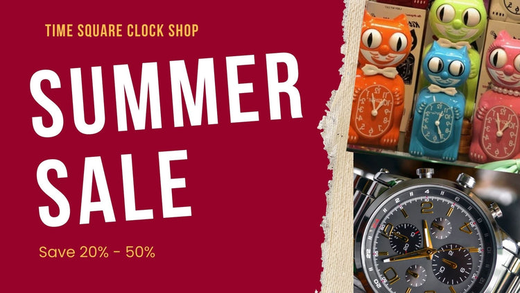 Summer clearance sale sign with red text, beach balls, and blue border. Offers 20%-50% off watches and clocks.