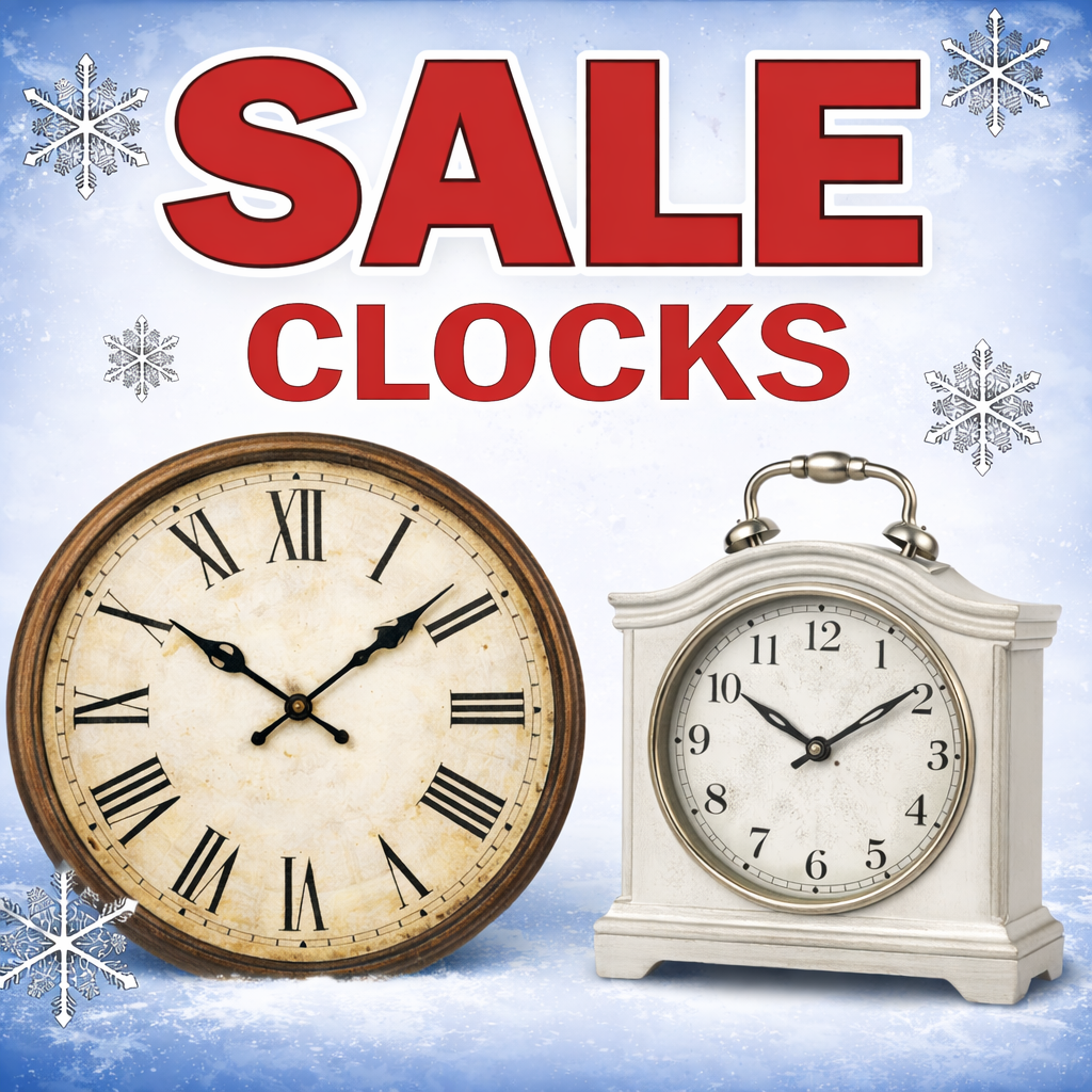 Two clocks, one round and vintage and one white and square, displayed under large red text reading SALE and smaller red text reading CLOCKS with snowflakes in the background.