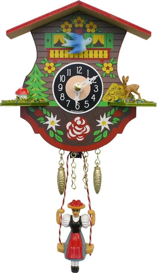 The Alexander Taron Inc. Engstler Black Forest Girl w/ Swing Clock (0110SQ) features floral designs, a blue bird, deer, mushrooms, pinecone weights, and a swinging girl figurine in traditional dress. Made in Germany.
