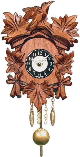 The Alexander Taron Inc. Engstler Musical Bird & Leaf Quartz clock features carved leaves, a bird on top, a round clock face with black/white numbers, and three hanging pendulums below.