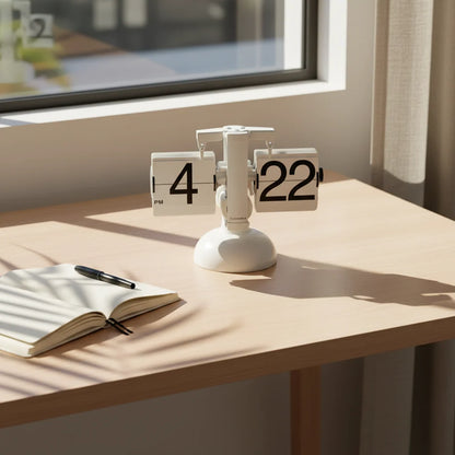 White Cloudnola Clock - Flipping Out Desk Clock - 0287 mechanical split-flap clock with black numbers displaying 4:22 PM, sitting on a wooden desk next to an open notebook and pen.