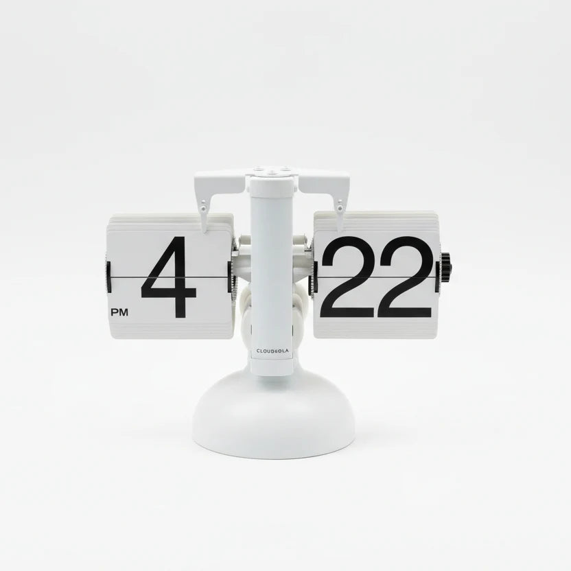 White modern Cloudnola Clock - Flipping Out Desk Clock - 0287 flip clock with a mechanical display showing 4:22 PM.