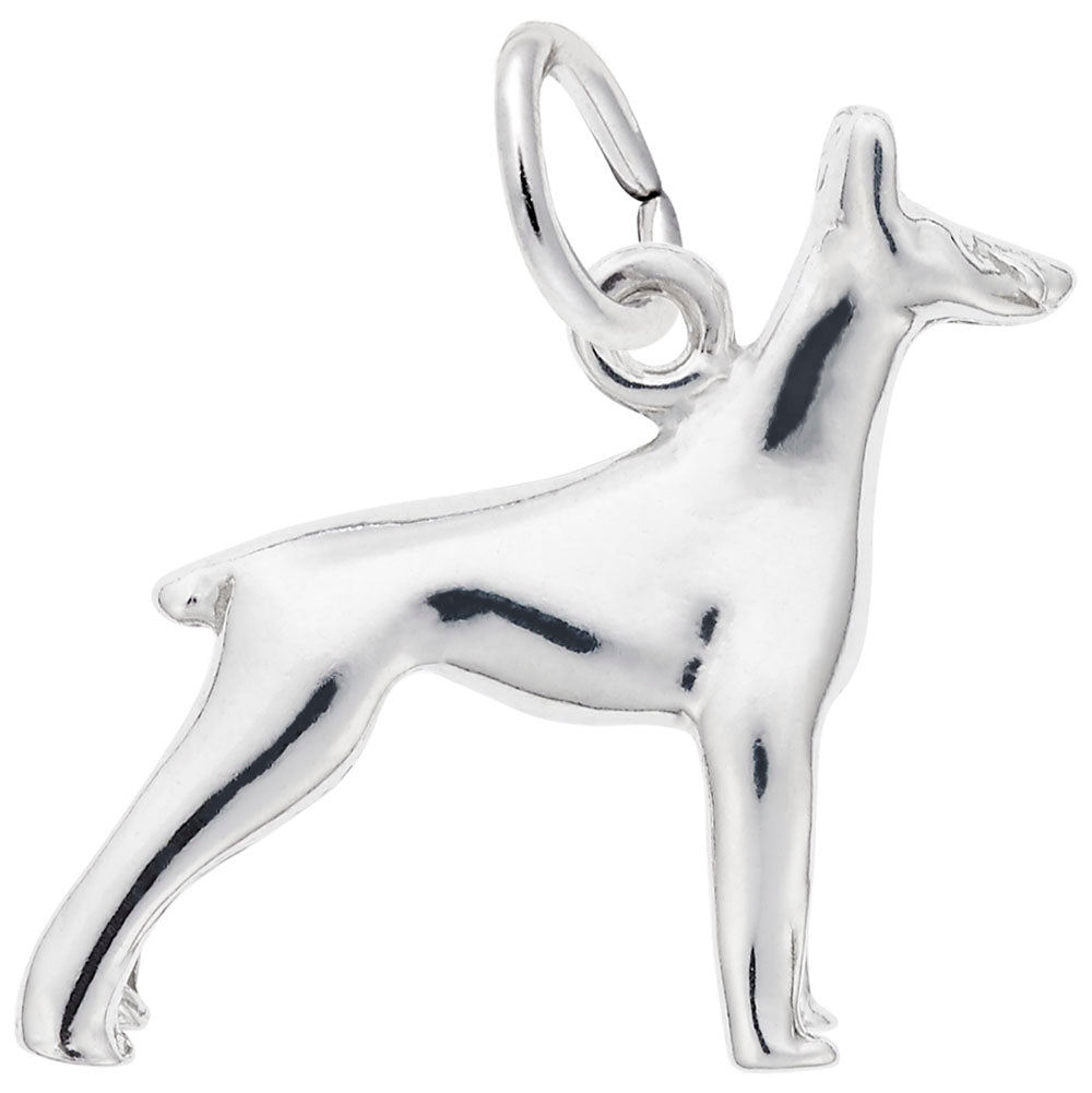 A polished silver charm crafted in the shape of a standing Doberman with pointed ears and a raised tail, complete with a small loop for easy attachment—Rembrandt Charms’ Doberman (0299 SS) by Rembrandt is an ideal gift for any dog lover.