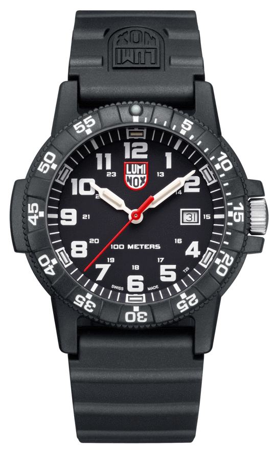 The Luminox Watch - Leatherback Sea Turtle Giant - XS.0321.L features a black rubber strap, white numerals, date at 3 oclock, white hour/minute hands, red second hand, and a unidirectional bezel—durable with self-powered illumination.