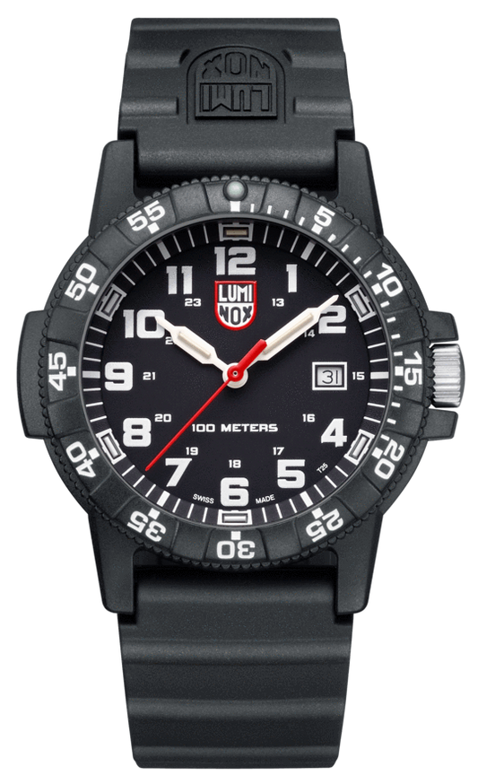 The Luminox Watch - Leatherback Sea Turtle Giant - XS.0321.L features a black rubber strap, white numerals, date at 3 oclock, white hour/minute hands, red second hand, and a unidirectional bezel—durable with self-powered illumination.