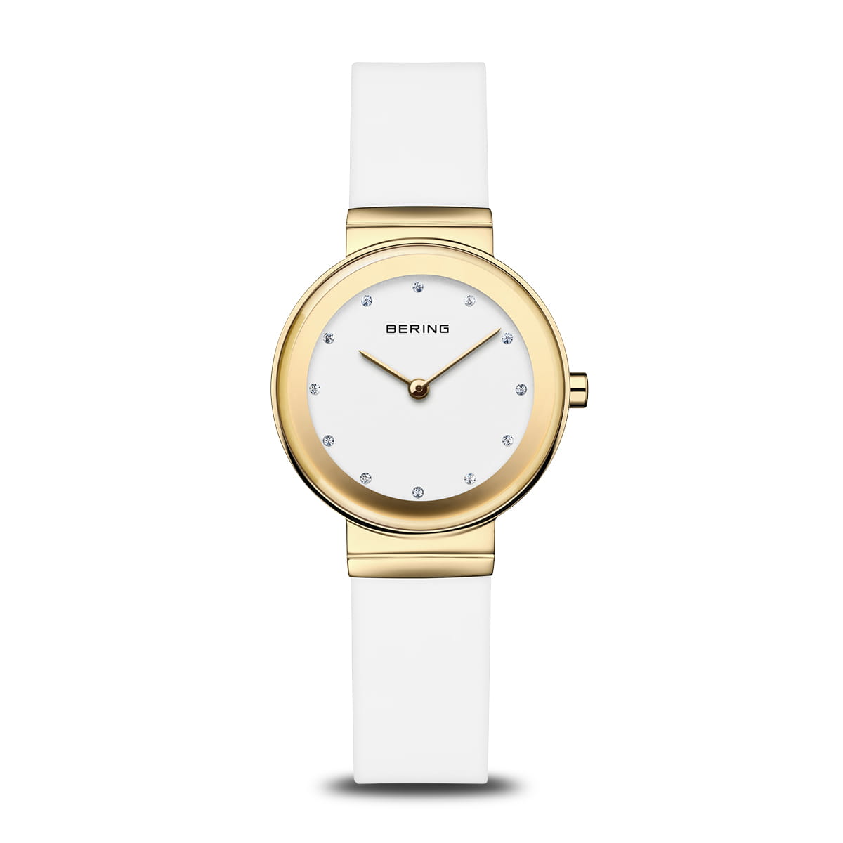 The Bering Watch - Classic Collection - 10129-934 features a white strap, gold round case, white dial with crystal hour markers—no numbers—and simple gold hands. A minimalist women’s stainless steel watch from Bering.