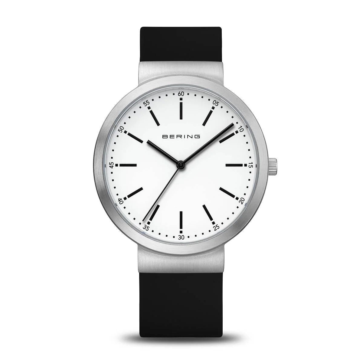 The Bering Watch - Ladies Classic Collection (10141-404) features a white face, black markers, silver bezel, and black strap. Its minimalist look showcases classic Scandinavian design—timeless elegance from Bering.