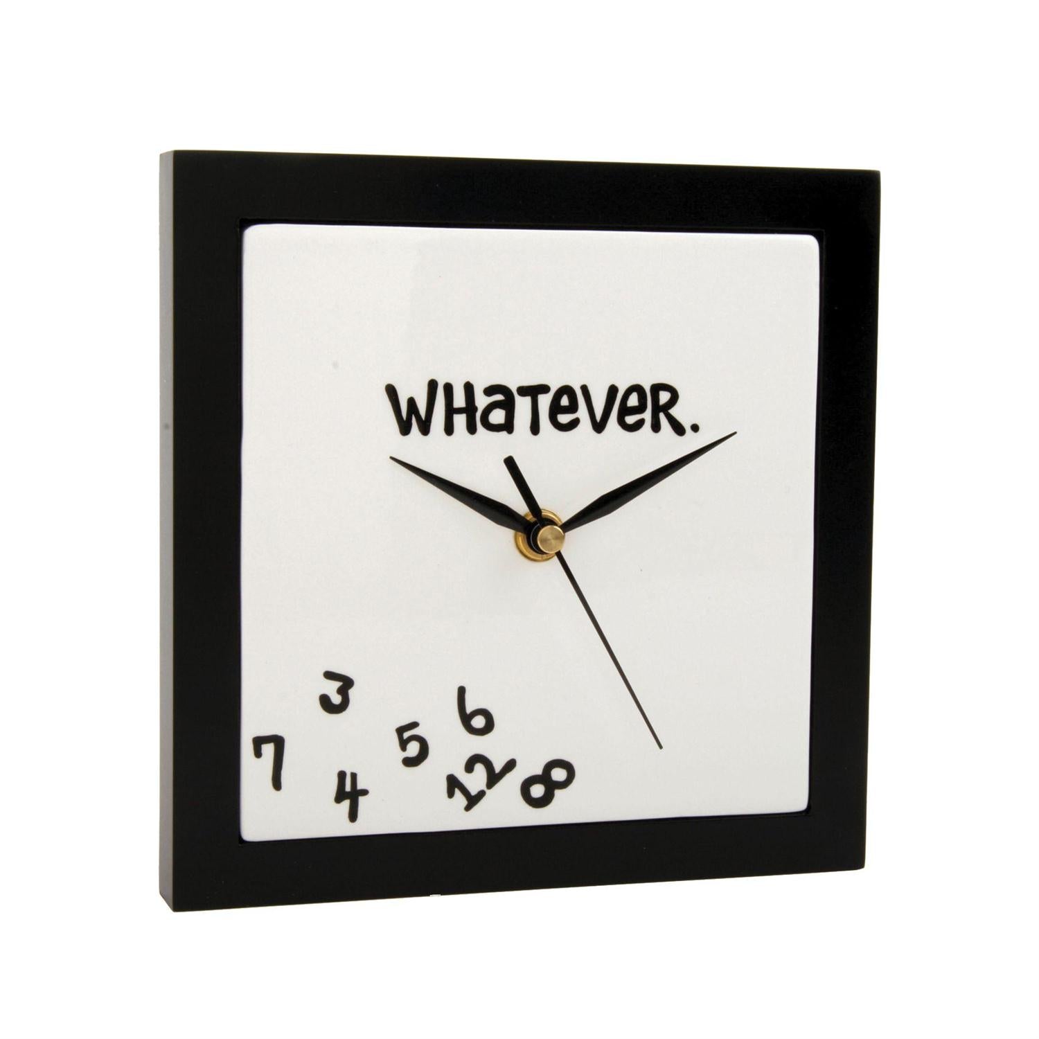 The Enesco Allen Designs Whatever Wall Clock (10320) features “WHATEVER.” on top, jumbled numbers 1–8 in one corner, a black frame, and quirky hands—a perfect funny gift for latecomers or unique wall décor.