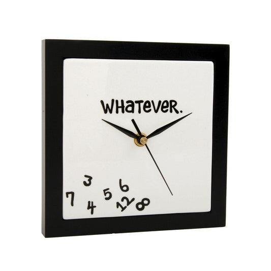 The Enesco Allen Designs Whatever Wall Clock (10320) features “WHATEVER.” on top, jumbled numbers 1–8 in one corner, a black frame, and quirky hands—a perfect funny gift for latecomers or unique wall décor.