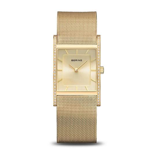 The Bering Watch - Womens Classic Collection - 10426-333-S features a rectangular gold case, mesh band, minimalist gold dial, and side diamonds—exemplifying refined Danish design by Bering, shown against a white background.