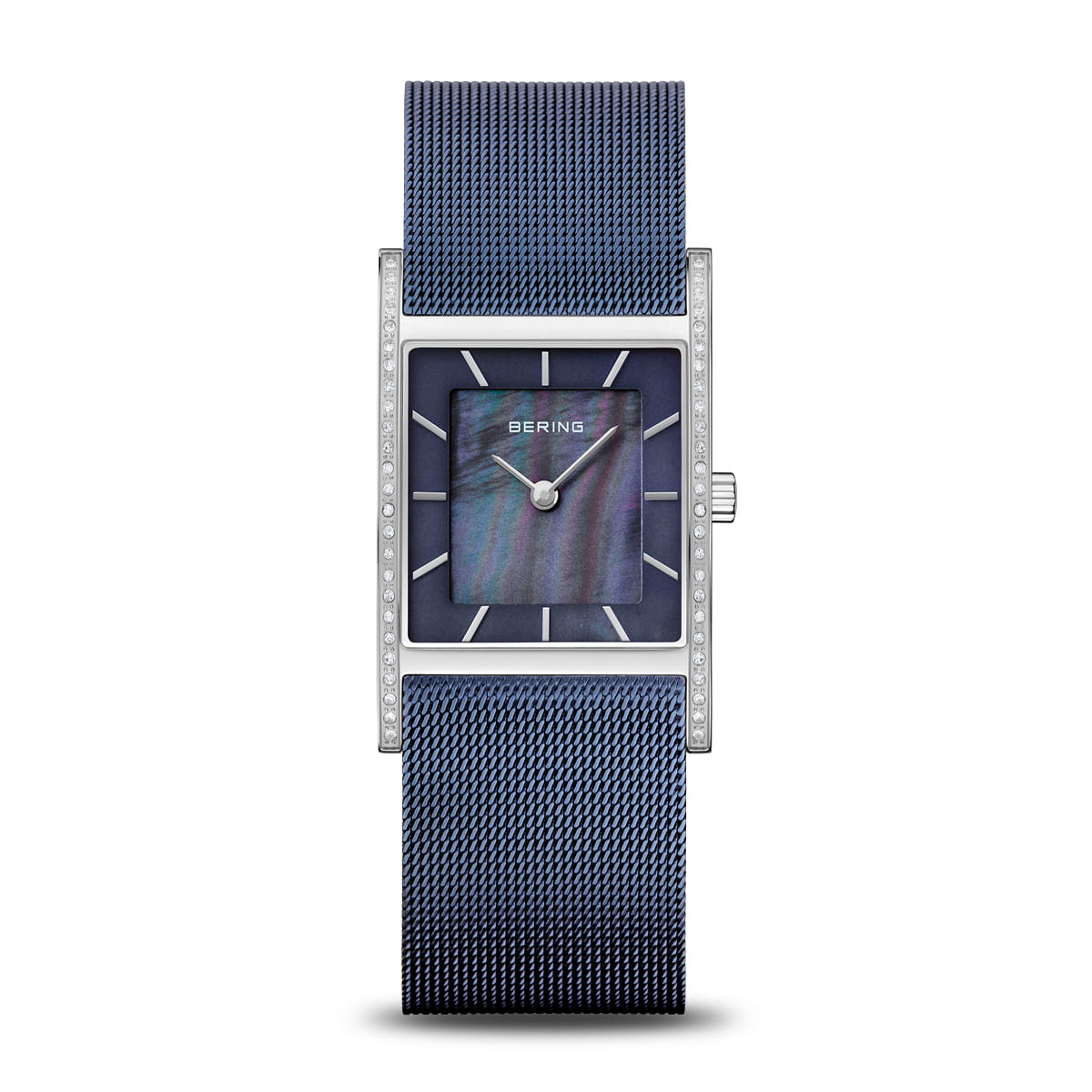 The Bering Watch - Women's Classic Collection 10426-397-S features a rectangular case, blue mesh strap, silver crystal-set edges, a dark iridescent face with minimalist silver markers, and sapphire crystal protection.