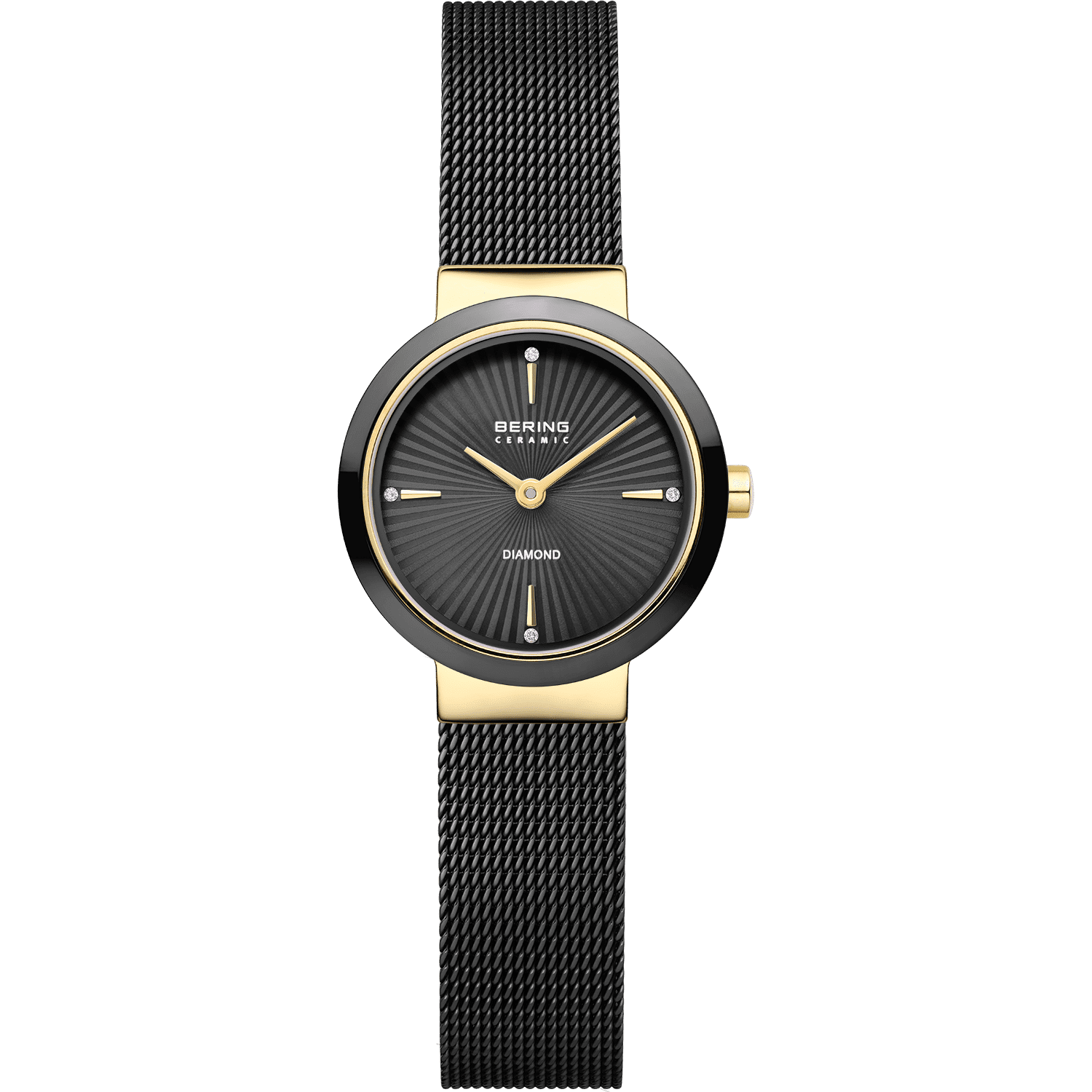 The Bering Watch - Diamond Collection - 10725-132 is a stylish women’s wristwatch from Bering, featuring a black mesh band, gold accents, and a black dial with diamond hour markers at the 12, 3, 6, and 9 o’clock positions.