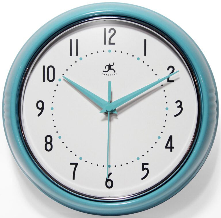 The Infinity Instruments Retro Turquoise Clock (10940 TQSE) features a round frame, black numbers and minute marks, and three turquoise hands displaying 10:10:11.