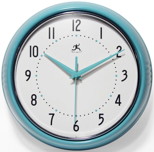The Infinity Instruments Retro Turquoise Clock (10940 TQSE) features a round frame, black numbers and minute marks, and three turquoise hands displaying 10:10:11.