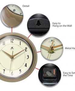 The Infinity Instrument - Retro Round Latte wall clock by Infinity features a beige finish, metal hands, hanging slot, and back panel for easy time setting. Insets highlight silent operation, easy hanging, and detailed craftsmanship.