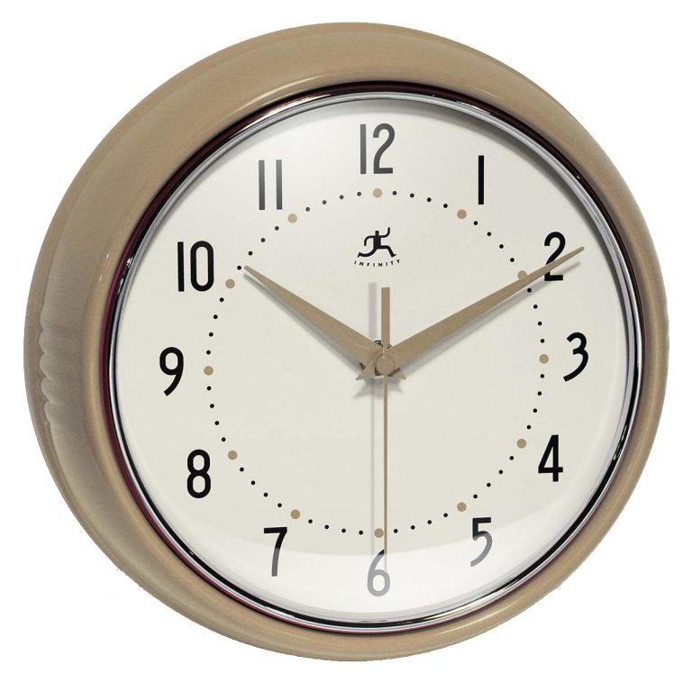 The Infinity Instrument Retro Round Latte 10940CG by Infinity features a beige finish, black numerals and tick marks, three hands, and a white face. This classic wall clock shows 2:30:10 and brings timeless style to any room.