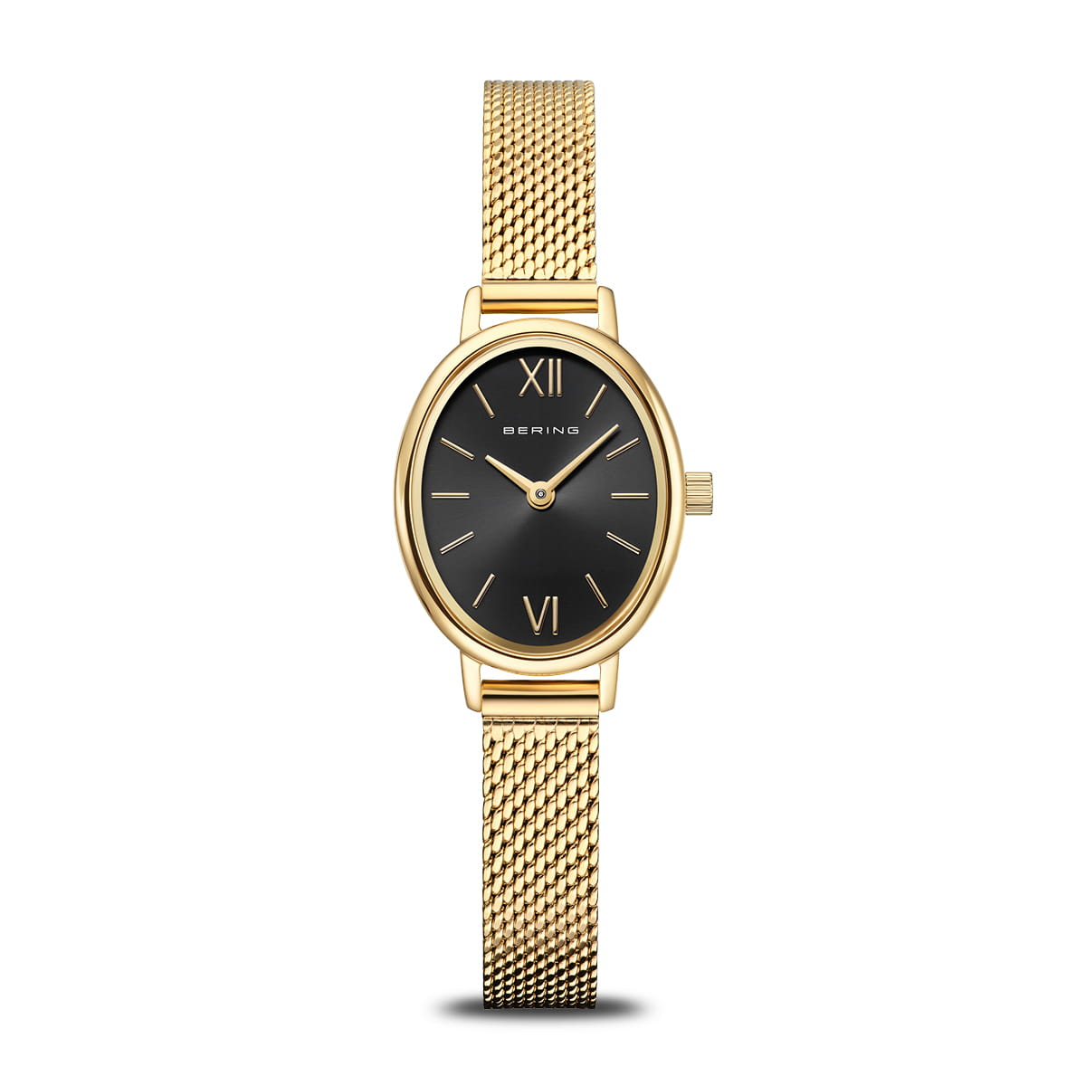 The Bering Watch - Classic Milanese Bracelet (model 11020-332) features a gold mesh band, an oval black face with gold Roman numerals and hands, and displays the Bering brand name on its minimalist dial. Its sleek Milanese bracelet adds to the elegant design.