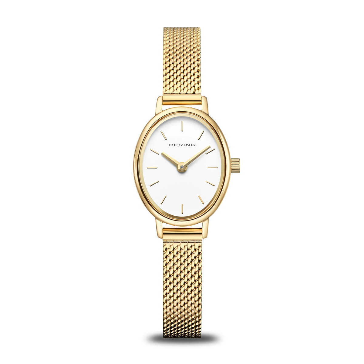 The Bering Watch - Classic Collection - 11020-334 is a women's gold watch with a gold mesh band, oval white dial, minimal gold hour markers, elegant gold hands, and the Bering name on the face.