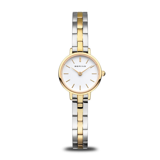 The Bering Watch - Polished Two-Tone - 11022-714 features a minimalist round white face, gold bezel, gold hands and markers, and a two-tone silver and gold stainless steel band for an elegant womens look.