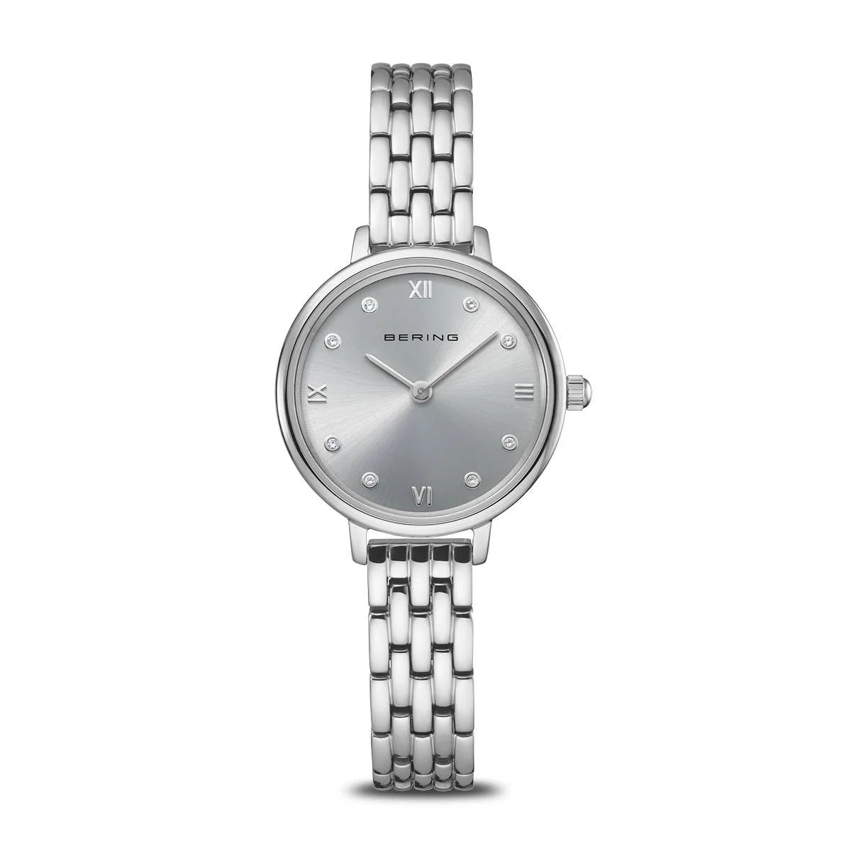 The Bering Watch - Classic Collection 11028-700 is a women’s silver Bering watch featuring Danish design, a round minimalist dial with Roman numerals and crystal markers, plus a stainless steel link bracelet for simple, elegant style.