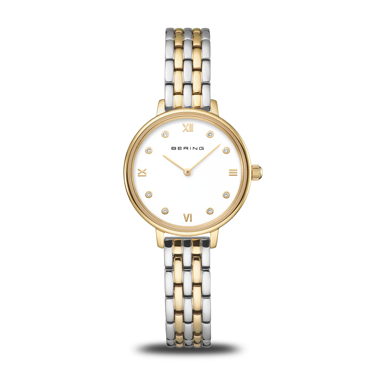 The Bering Watch - Classic Collection 11028-714 is a minimalist women's watch with a round white face, gold bezel, gold Roman numerals, and a two-tone gold and silver stainless steel band for timeless elegance.