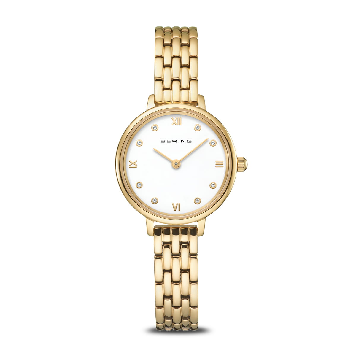 The Bering Watch - Classic Collection 11028-734 is a women's gold stainless steel watch with a round white dial, gold Roman numerals at 12, 3, 6, and 9 o'clock, crystal hour markers, and a stylish gold linked bracelet band.