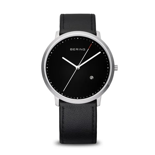 The Bering Watch - Classic Collection 11139-402 features a black leather strap, round black face, silver hour and minute hands, thin red second hand, date window, and classic Bering branding.