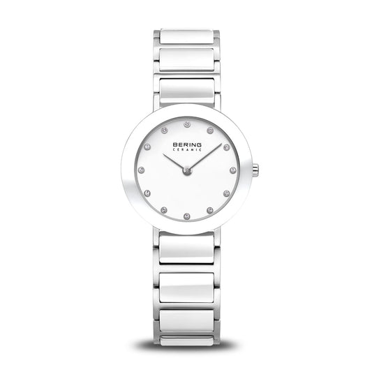 The Bering Watch - Ceramic Collection - 11429-754 features a sleek silver design with a white face and minimalist silver hour markers, showcased against a plain white background.