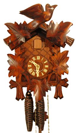 1200
This charming and inexpensive cuckoo clock gives you all the basic functions of a traditional cuckoo clock.  The leaves and bird are hand carved from solid Linden wood.  The when the clock strikes the hour or half-hour, the door opens, a cuckoo appears and calls along with the clock's gong strike.

This clock is hand made in Germany and is distributed by Sternreiter and North Coast Imports.  The mechanical brass movements is driven by two weights and time escapes with the tick of a traditional pendulum
