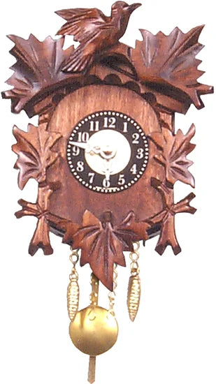 The Alexander Taron Inc. Engstler Bird & Leaf Quartz 125-1QP is a German carved wooden cuckoo clock, featuring carved leaves, a round black face with white numbers, and gold-colored weights and pendulum.