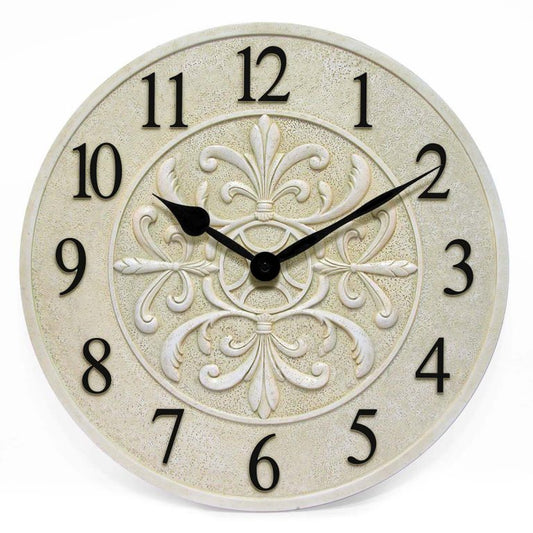 The Infinity Instruments Banc Fleur Clock (13377ST-C) is a round beige wall clock featuring black numbers, ornate floral center designs, and water resistance—ideal for stylish indoor or outdoor spaces. The clock displays 10:09.