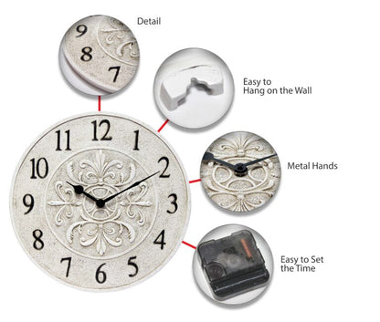 Infinity Instruments Banc Fleur Clock (Model 13377ST-C) by Infinity features ornate detailing, black metal hands, bold numbers, a textured face, wall-hanging hook, battery operation, and water-resistant design for versatile indoor/outdoor use.