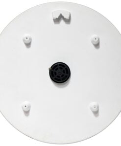 The Infinity Instruments Banc Fleur Clock (13377ST-C) by Infinity is a white, round plastic decorative clock with a central black circle, four evenly spaced raised pegs, and a notched section near the top edge.