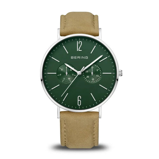 The Bering Watch - Classic Green Sunray - 14240-508 by Bering is displayed against a plain white background, highlighting its eye-catching green sunray dial, sleek silver case, minimalist white hour markers, two subdials, and a tan leather strap.