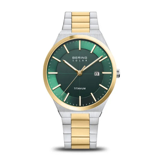 The Bering Watch - Two-tone Solar Titanium - Green Dial (14439-718) features a green dial, gold bezel, gold hour markers, a silver and gold titanium bracelet, date display at 3 o’clock, and a sleek modern design.