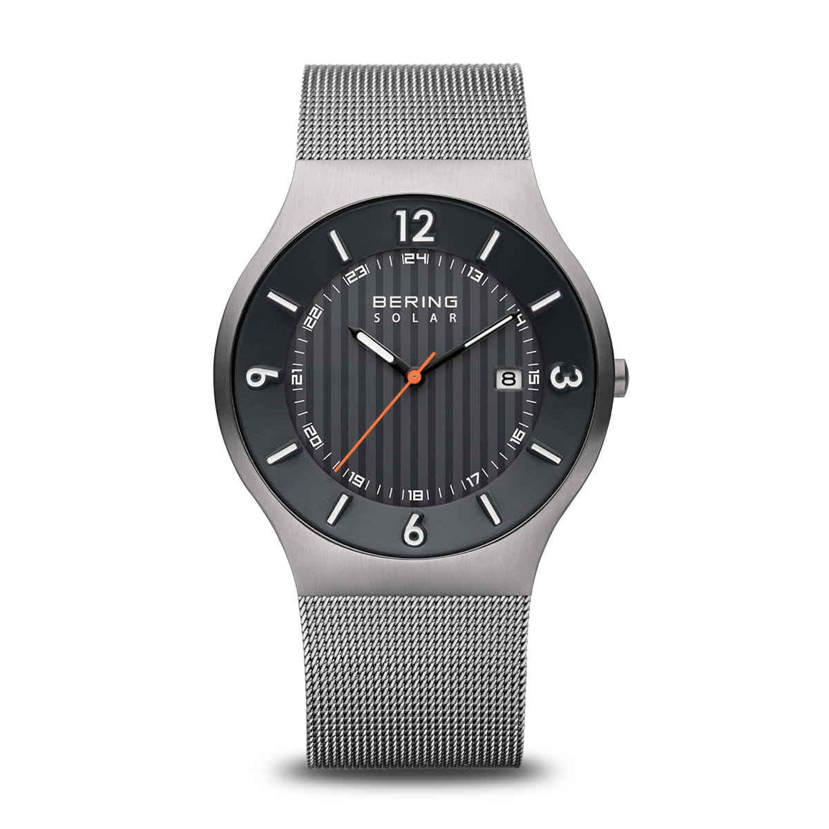 The Bering Watch - Solar Collection 14440-079 features a silver mesh band, black dial with white markers, orange seconds hand, date at 3 o’clock, durable sapphire glass, and showcases Scandinavian design.