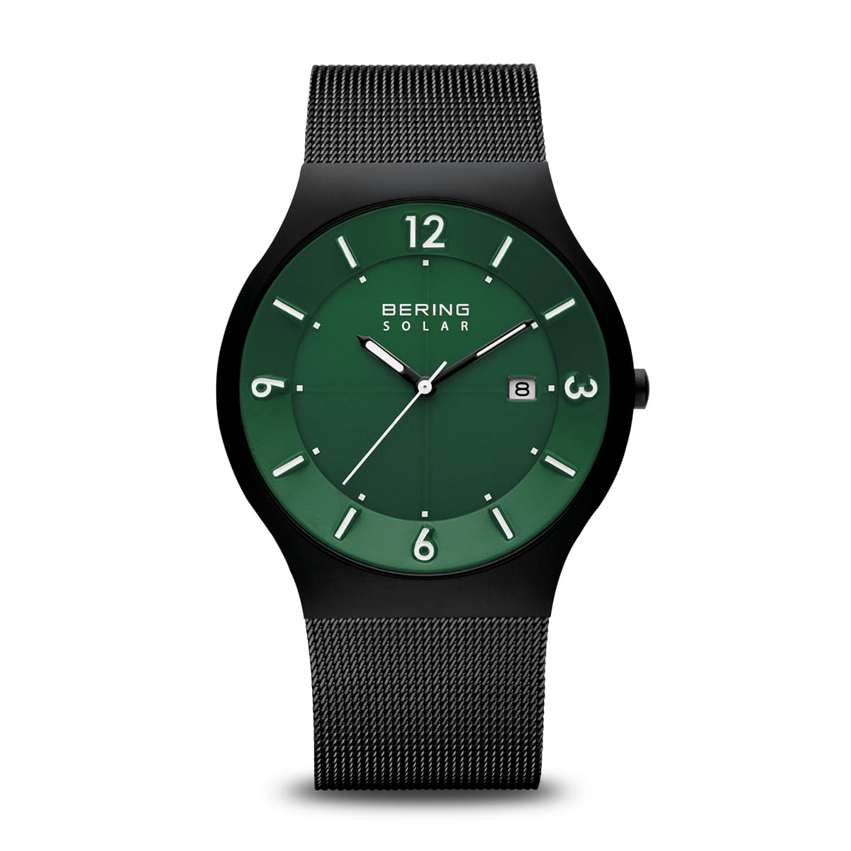 The Bering Solar Collection 14440-229 watch features a green dial, white hour markers, date at 3 o’clock, silver hands, durable sapphire crystal, and a black mesh strap.