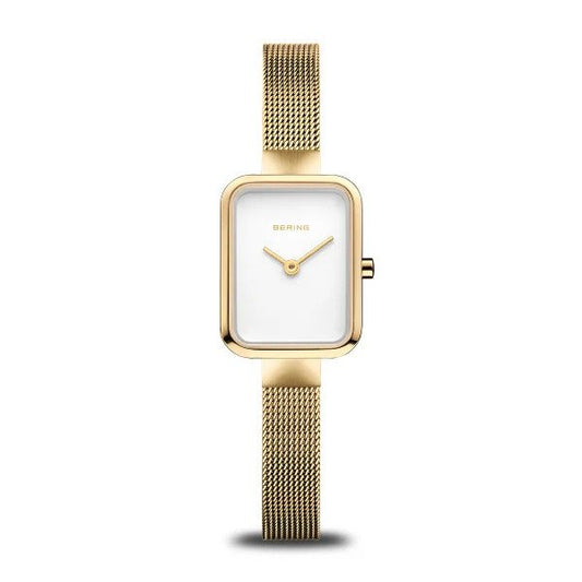 The Bering Watch - Petit Square Collection Womens Gold (14520-334) features a rectangular face, white dial, gold mesh band, single gold crown, and the Bering logo centered on the dial with no hour markers.